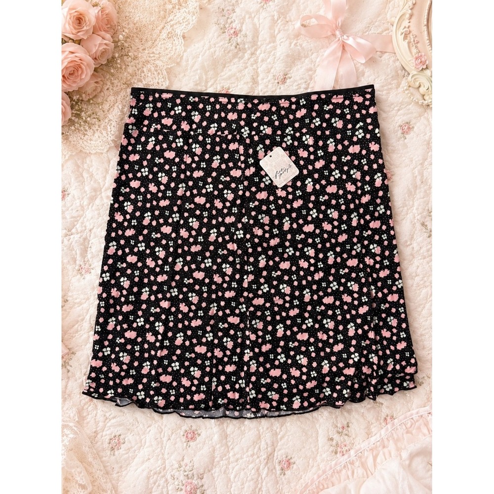 Free People Floral Mini Slip Skirt NWT Black Motif Pink Ditsy Print Size 4